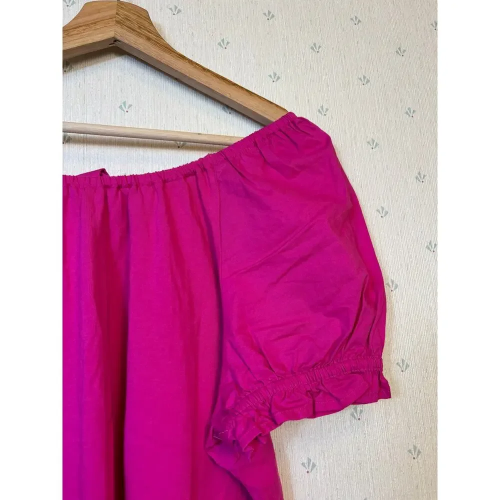 J Crew Tie Back Poplin Top Medium Fuchsia 100% Cotton Puff Sleeve Preppy Relaxed
